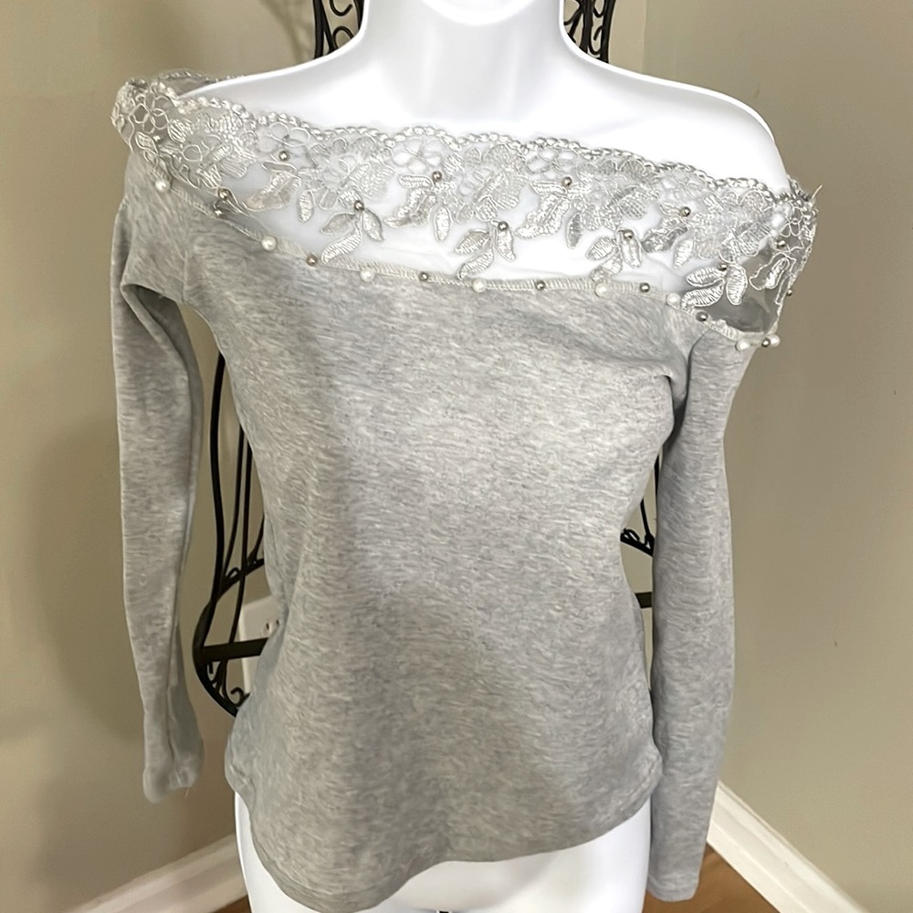 Beautiful Grey  Lacy Off the shoulder embellished with pearls & silver beads..